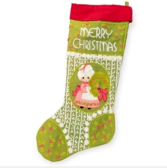 Vintage Other - Merry Christmas Stocking Green Crochet Embroidery
